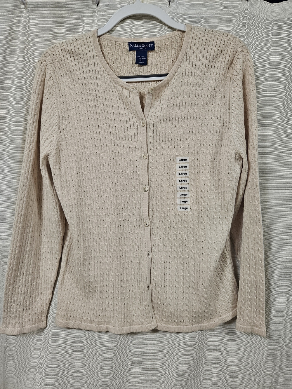 Karen Scott Beige Waffle Knit Button Front Cardigan COTTON Fisherman